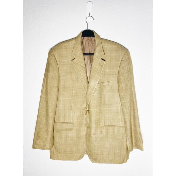 Lauren Ralph Lauren Men's Silk Blazer Sport Jacket Tan Beige Check Classic 42R - Picture 1 of 10